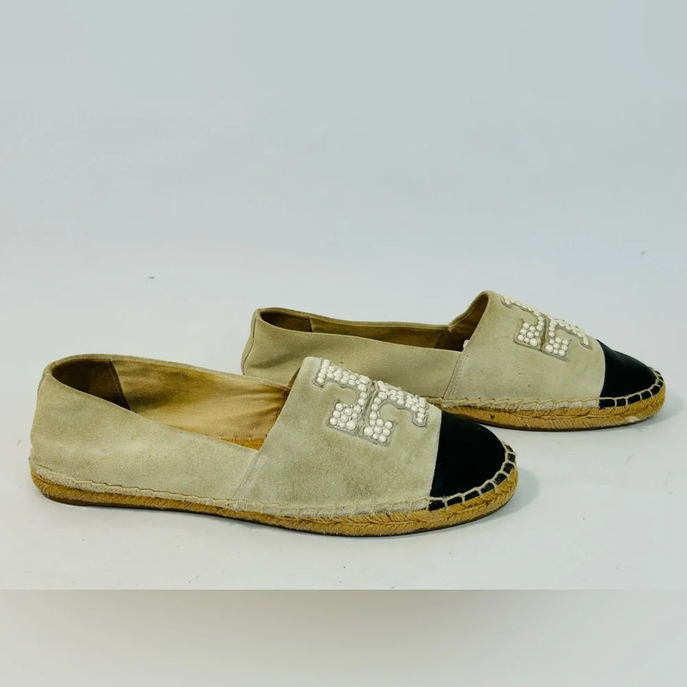 Tory Burch Pearl Logo Flat Espadrille in Black Nappa Leather and Beige Suede 6.5